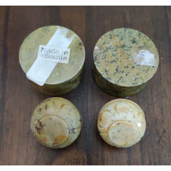 Lot Of 4 Round Trinket Jewelry Box Marble Stone Carved Brazil 1" 1.5" Vintage - Picture 3 of 6
